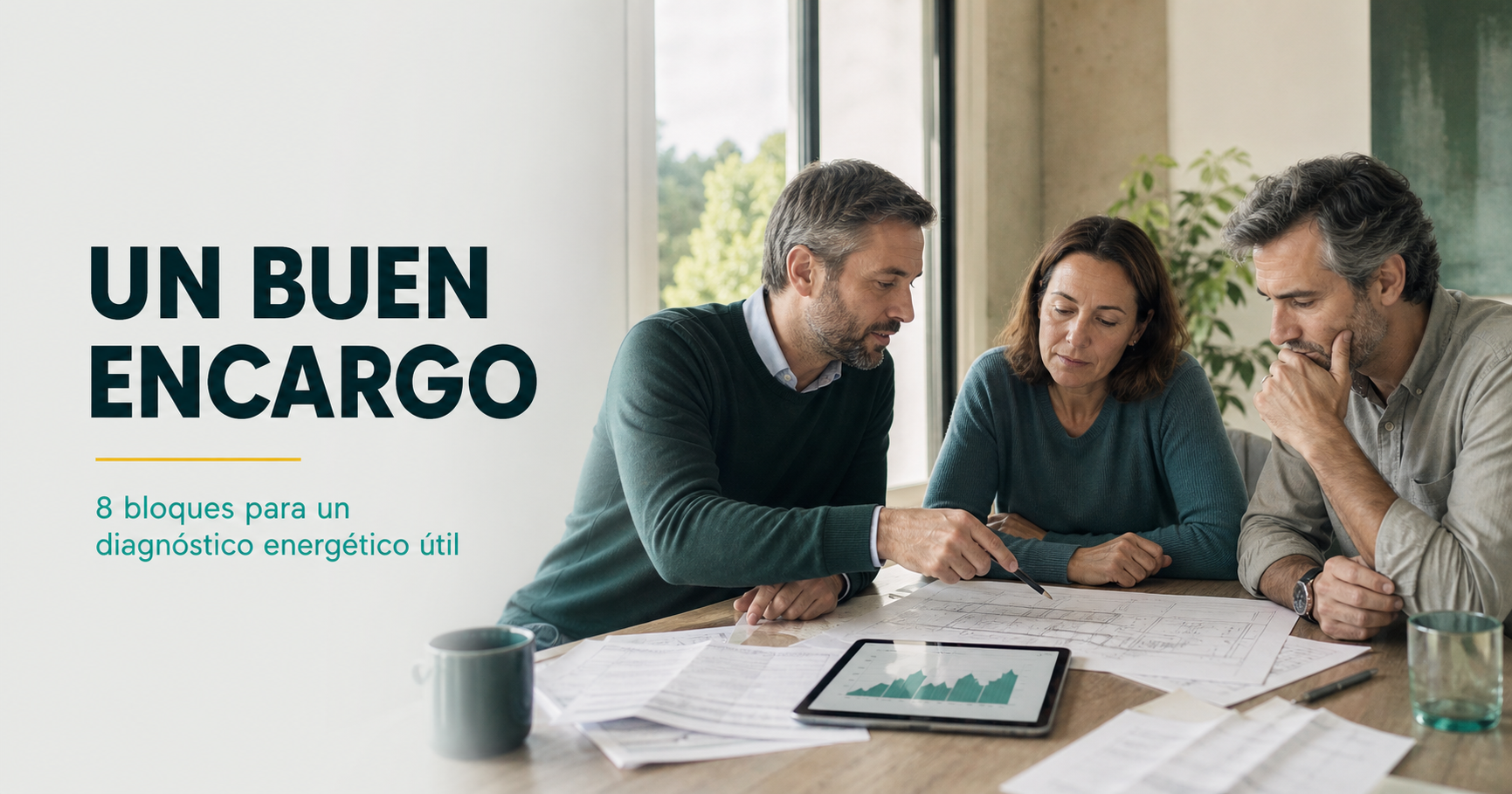 Un consultor y dos responsables de un edificio revisan juntos planos y datos energéticos